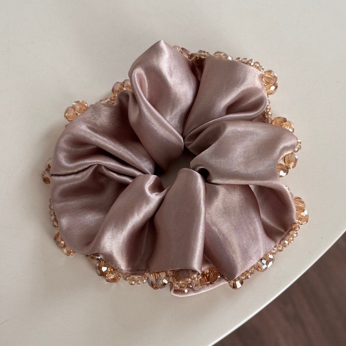 Women's Spring French Retro Satin Hair Tie Sparkly Crystal Beige