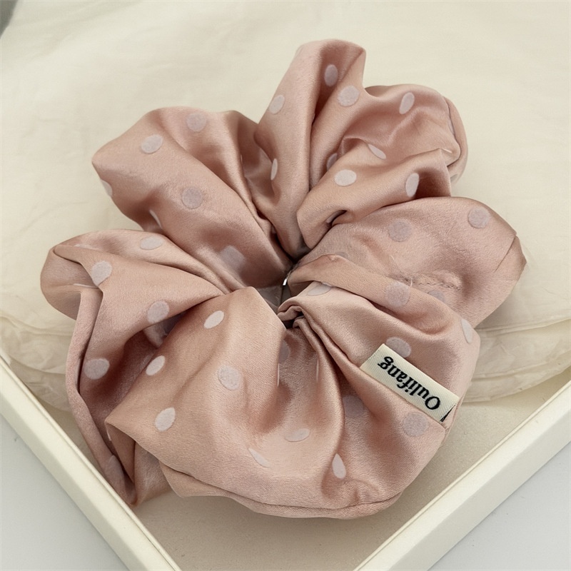 Women's Spring Flocking Satin Hair Tie Scrunchie Black Polka Dots