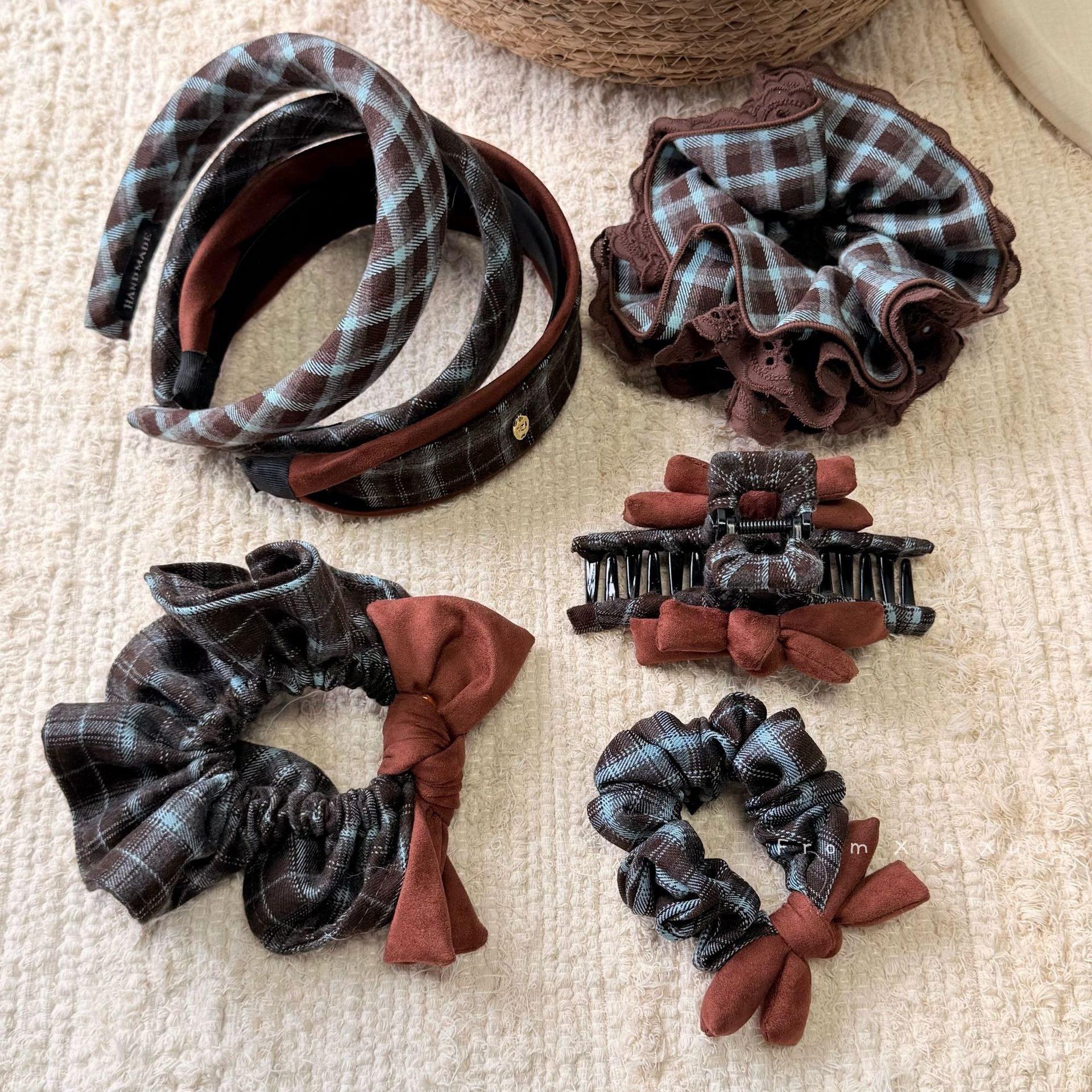 Women's Vintage Blue Plaid Hair Bands High Elasticity Fairy Style Cloth Ties