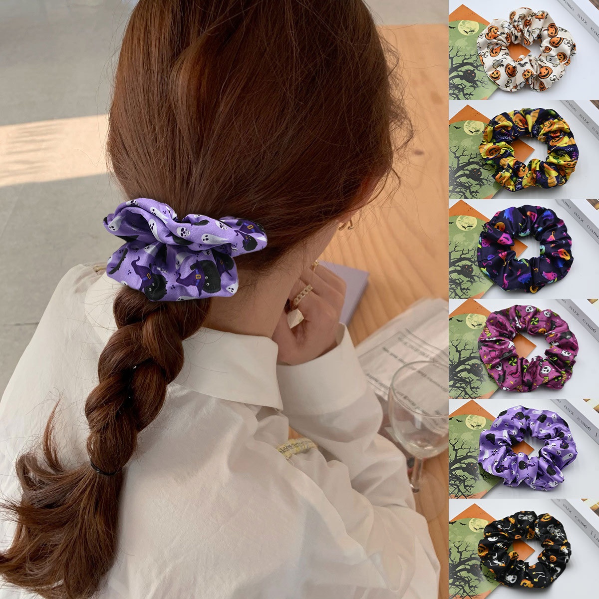 Women's Stylish Cloth Hair Scrunchies Festive Halloween Pumpkin Print