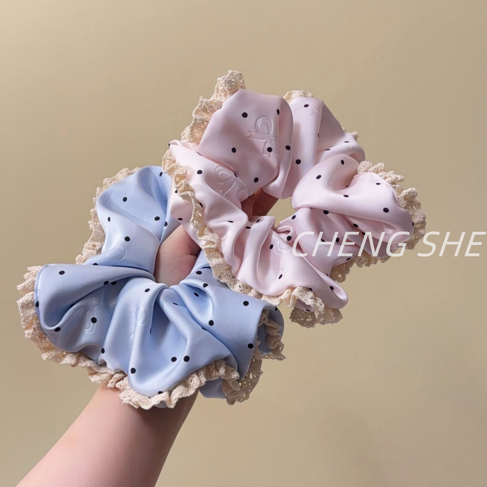 Women's French Satin Bubble Braid Hair Tie in Blue Polka Dot Bow Knot