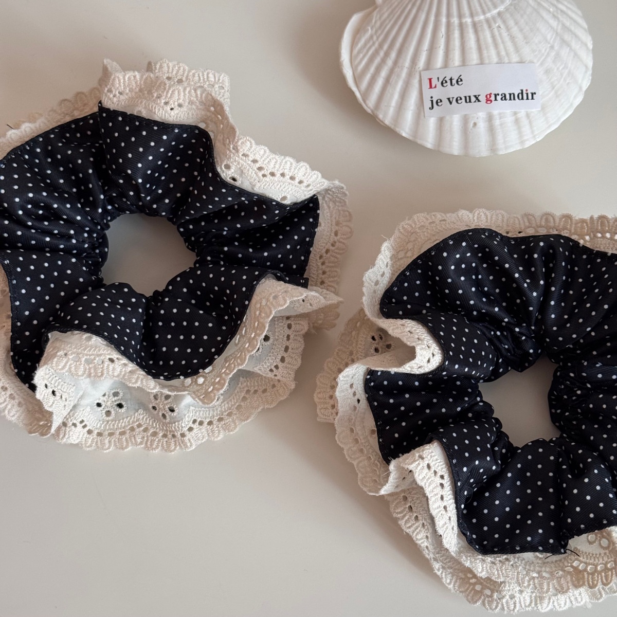 Women's Winter Cloth Hair Tie Accessory Black And White Polka Dot Lace