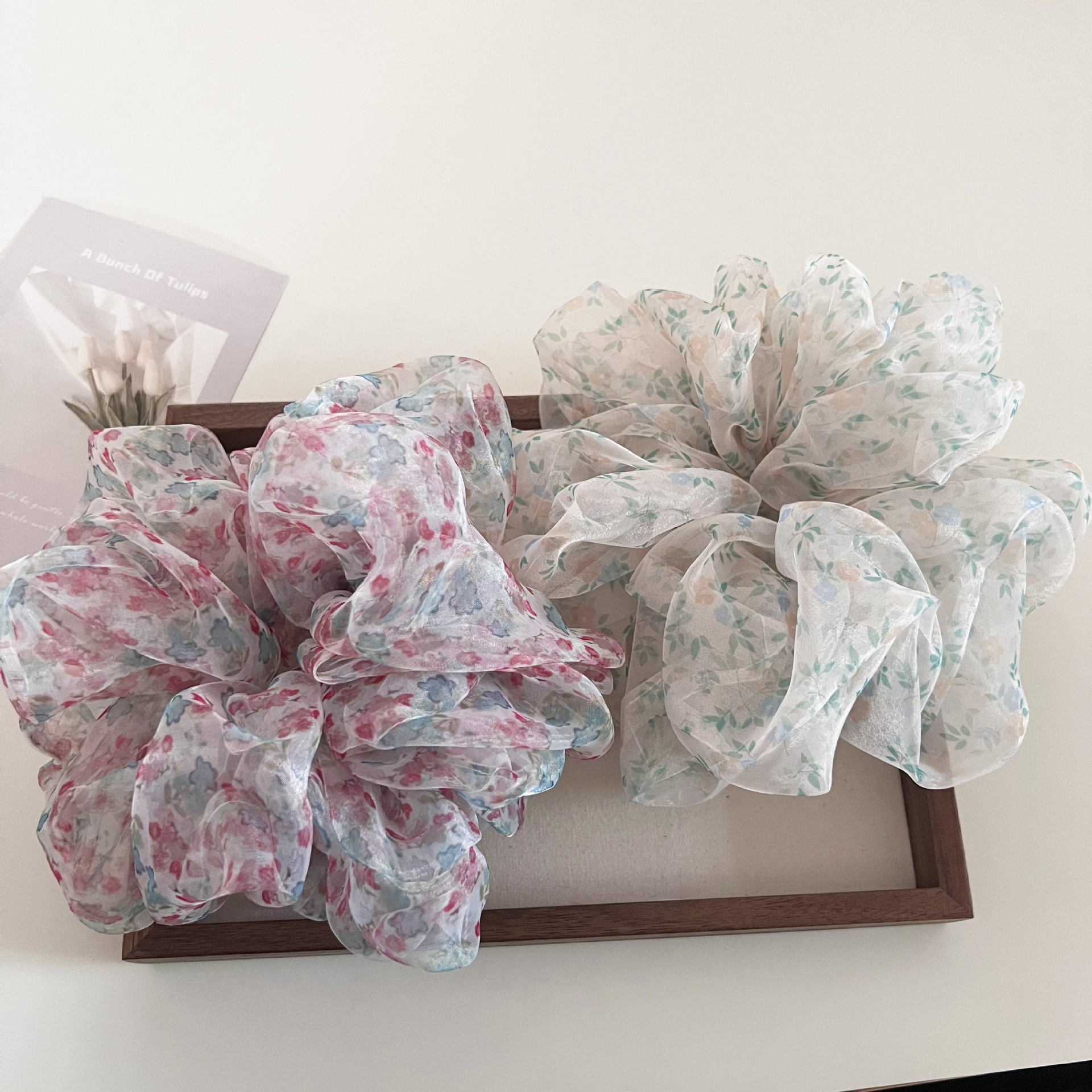 Women's Vintage Organza Bun Hair Tie Ditsy Floral Pink Peach Green