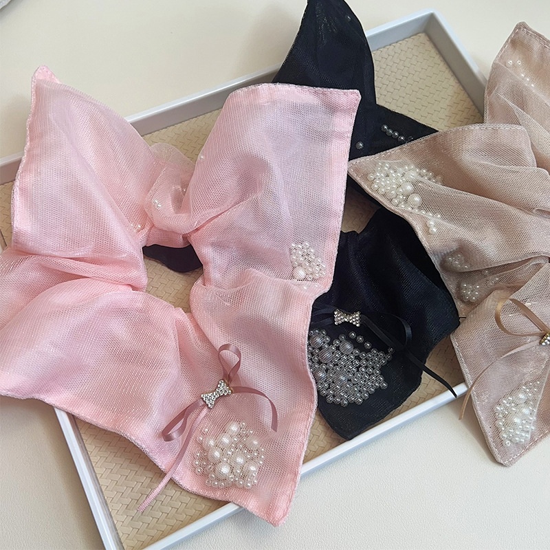 Women's Pearl Gauze Bowknot Hair Tie Low Ponytail Scrunchie Khaki Pink