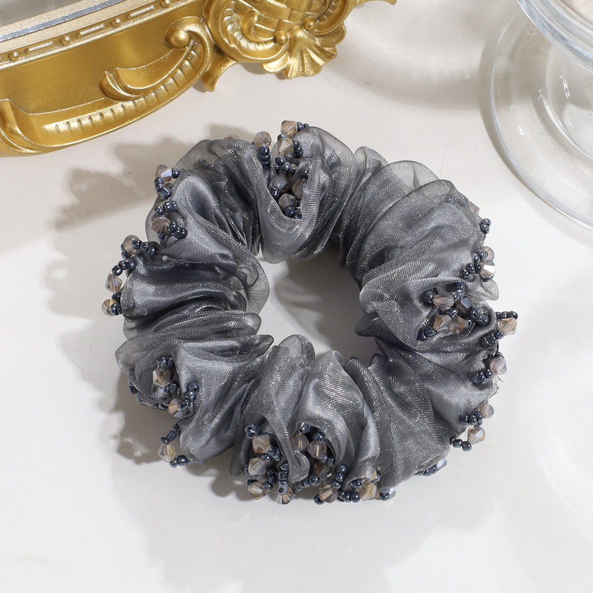 Women's Elegant Organza Hair Tie With Pearl Rhinestone Flower Tassel