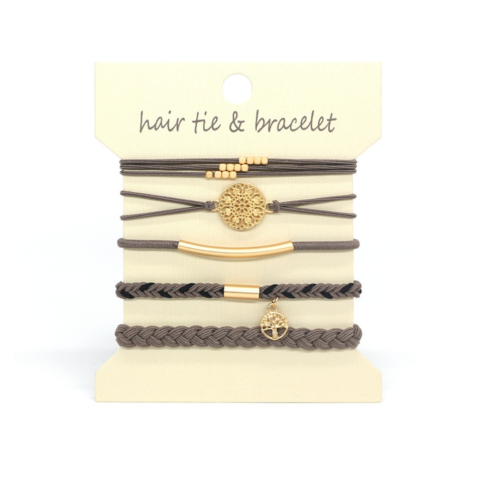 Women's 5Pcs Brown Metal Tree of Life Elastic Hair Tie Bracelet Set