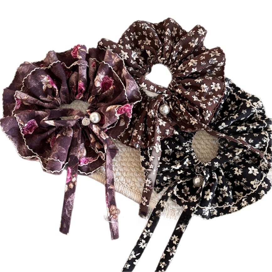 Women's Vintage Rose Hair Tie with Pearl Inlay, Pink Floral Cloth Accessory