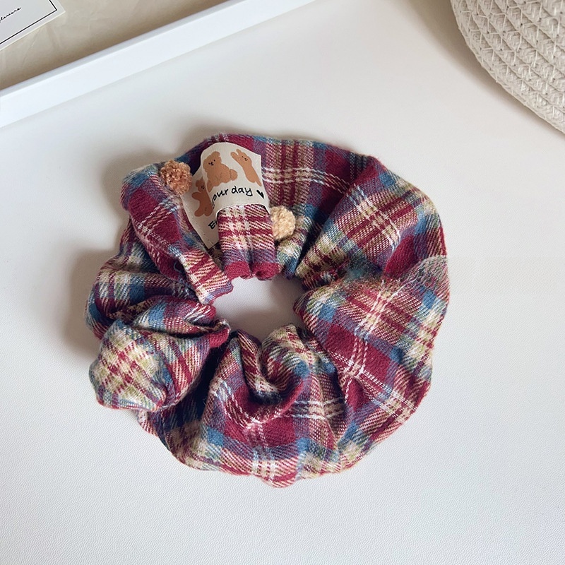 Women's Autumn Styling Cloth Hair Tie Grey Plaid Little Bear Pattern