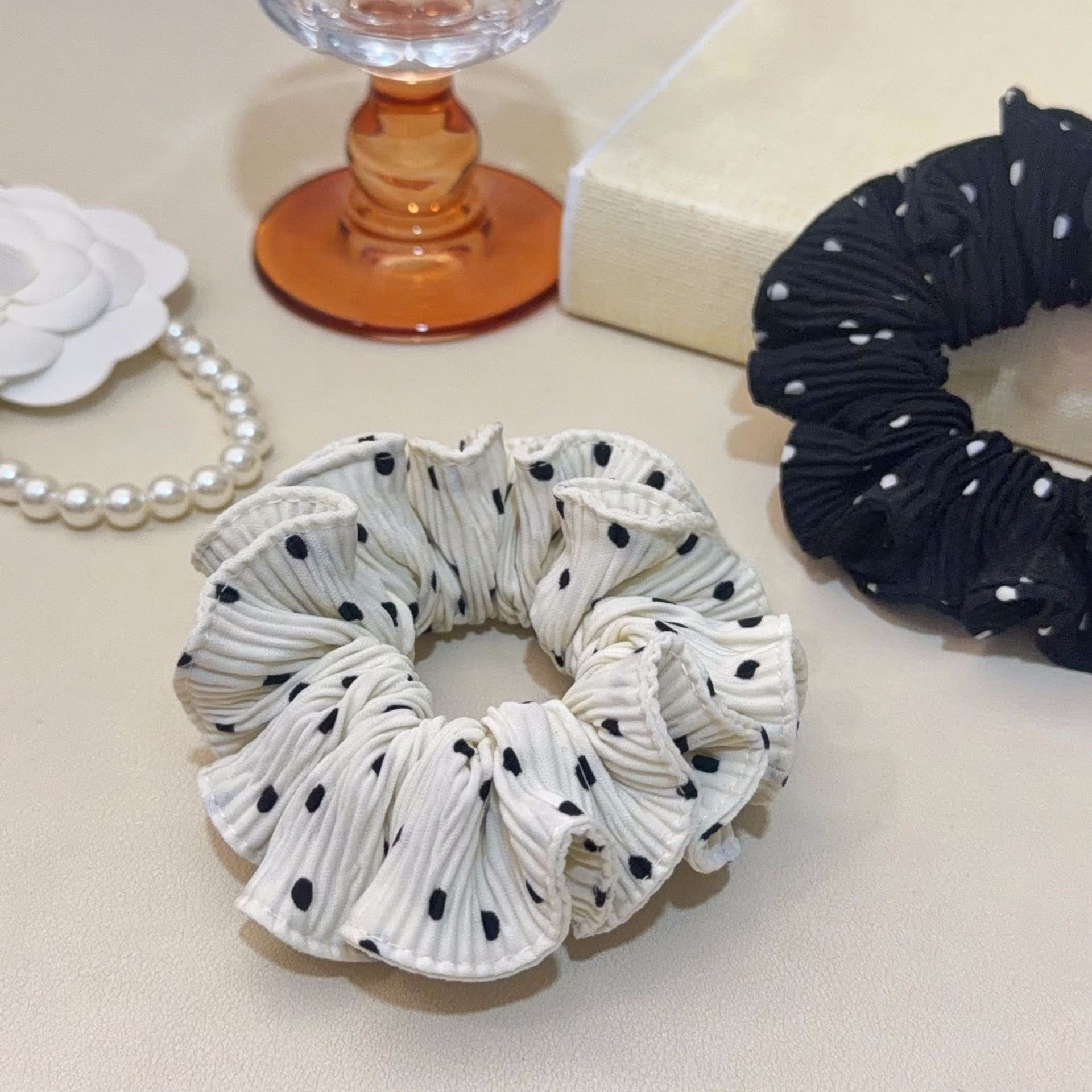 Women's Everyday French Style Chiffon Hair Scrunchie White Polka Dots