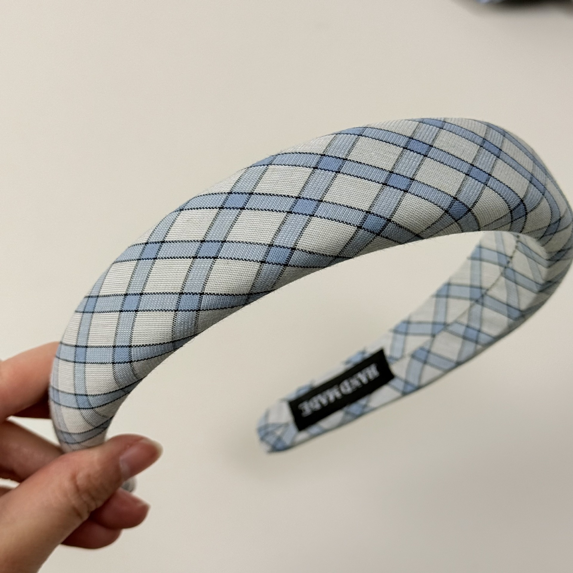 Women Sweet Cloth Hair Band Spring Daily Wear Blue Plaid Pattern