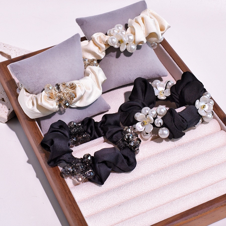 Women's French Satin Crystal Low Bun Hair Tie Rose Floral Beige Black