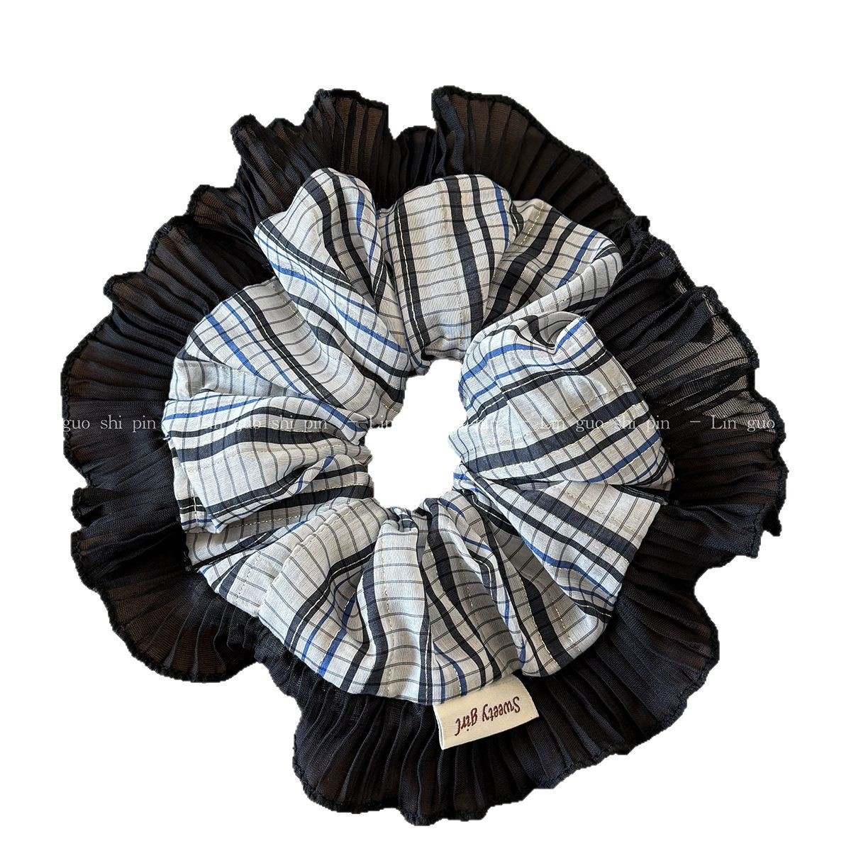 Women Cloth Scrunchies Elastic Hair Tie Black White Plaid Checkered Design
