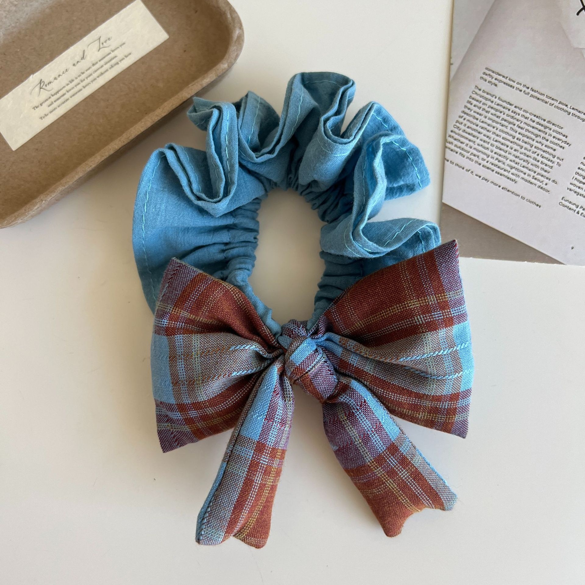 Women Girls Cloth Scarf Ponytail Hair Tie Blue Red Plaid Lattice