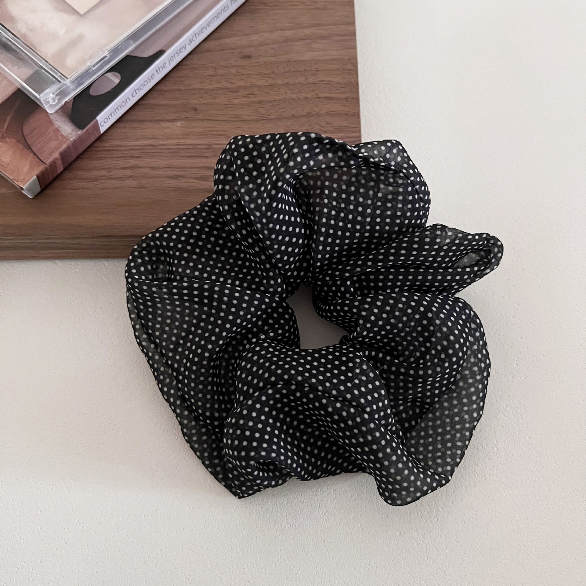 Women's French Retro Mesh Low Bun Hair Tie Black & White Polka Dot