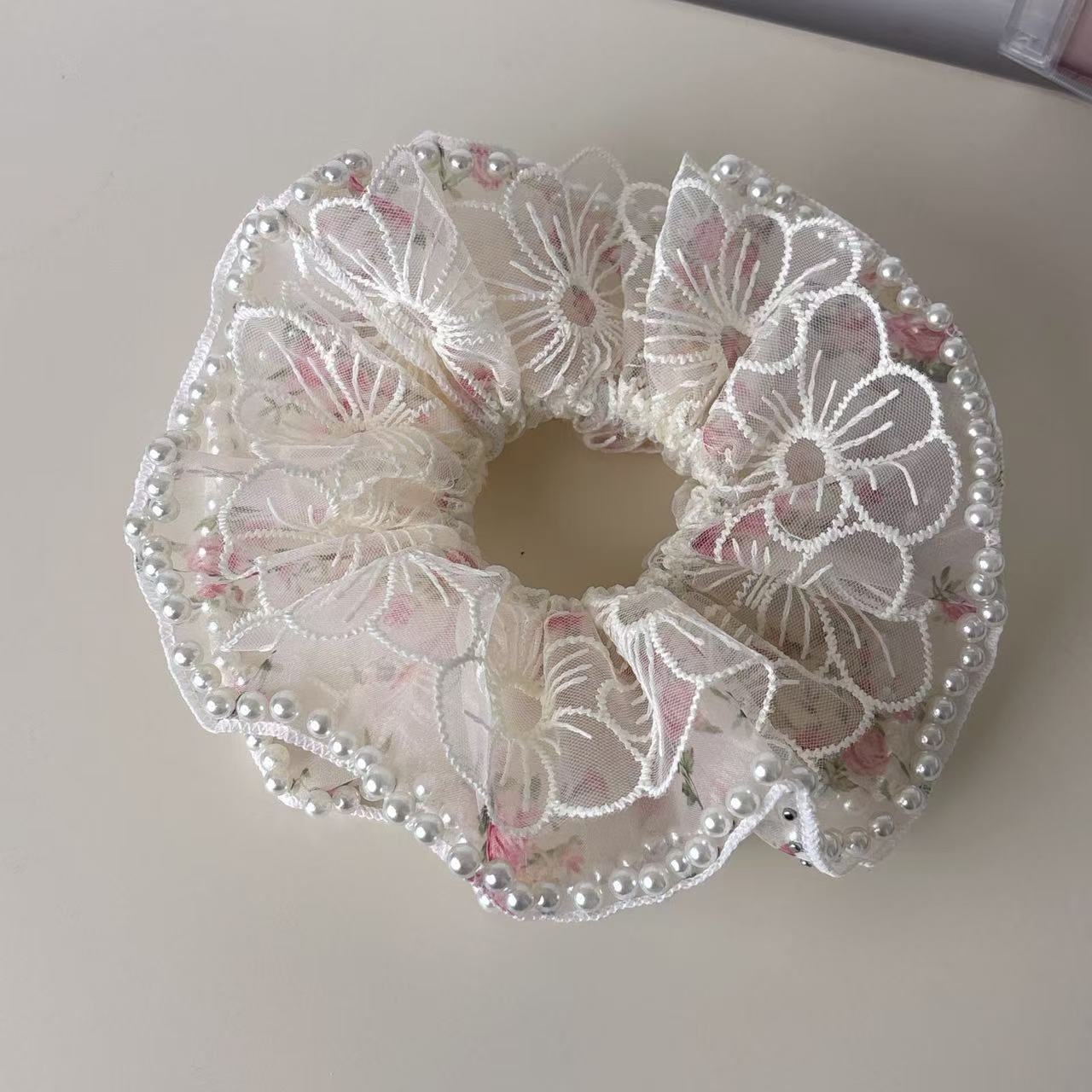 Women's Pearl Scrunchie Ponytail Tie Ditsy Floral Embroidered Lace