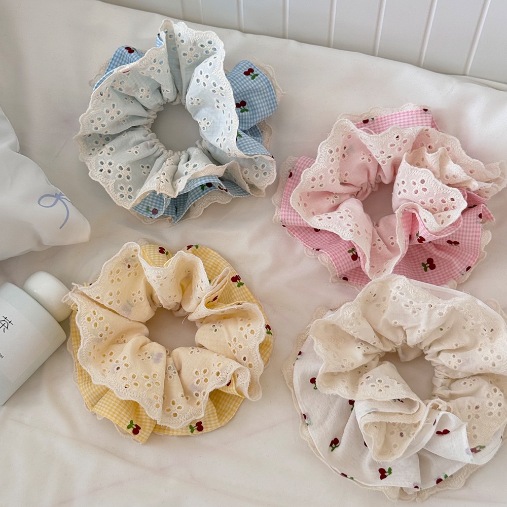 Women Casual Cloth Lace Scarf Hair Ties Sweet Cherry Plaid Floral