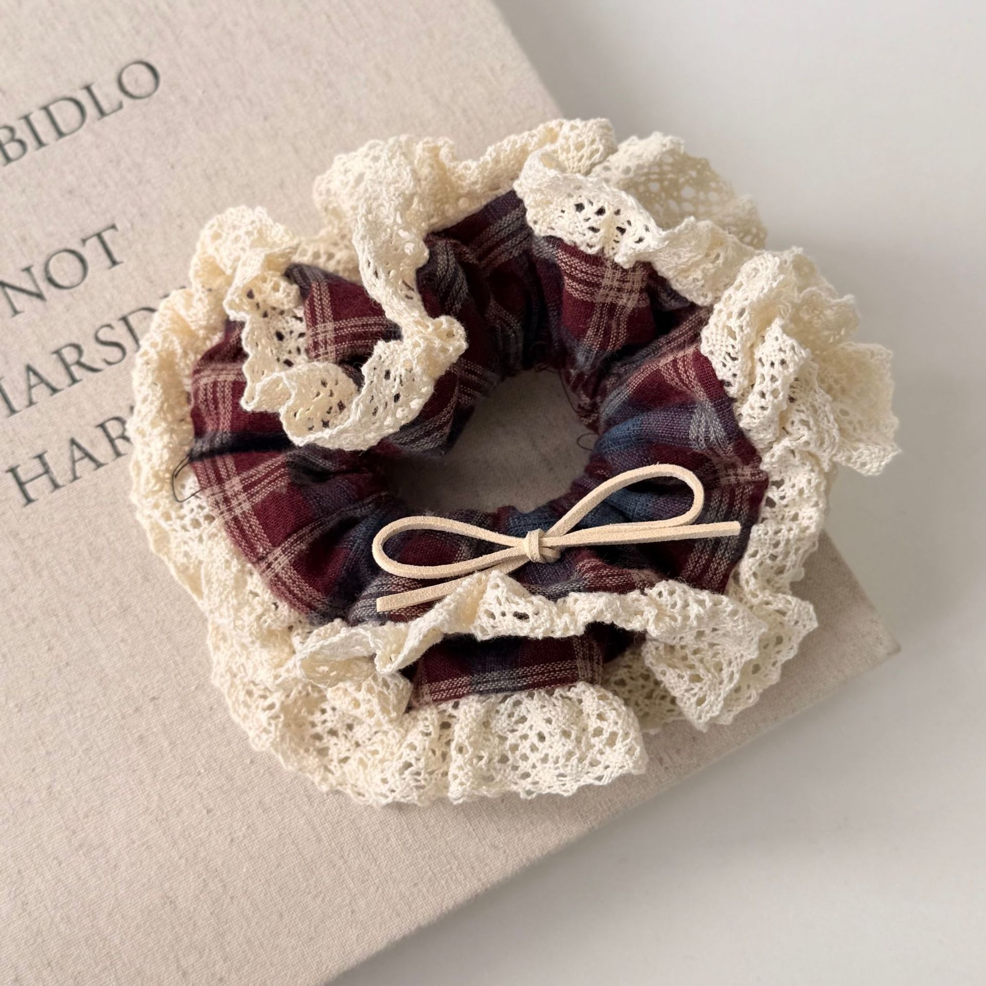 Women's Retro Red Plaid Hair Ties Sweet Early Autumn Embroidered Lace Bands