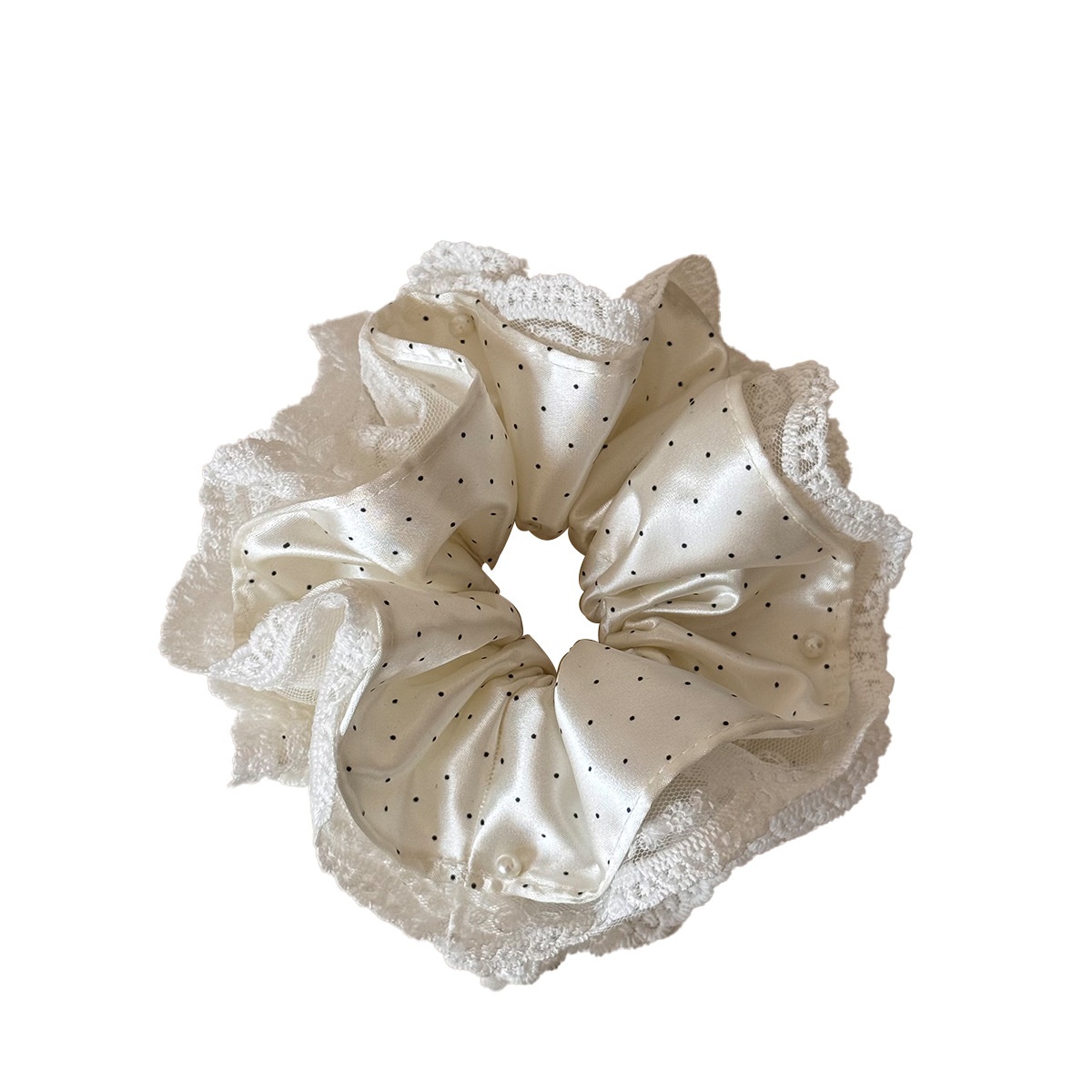 Women's Sweet Spring Satin Lace Hair Tie Scrunchie Beige Polka Dots