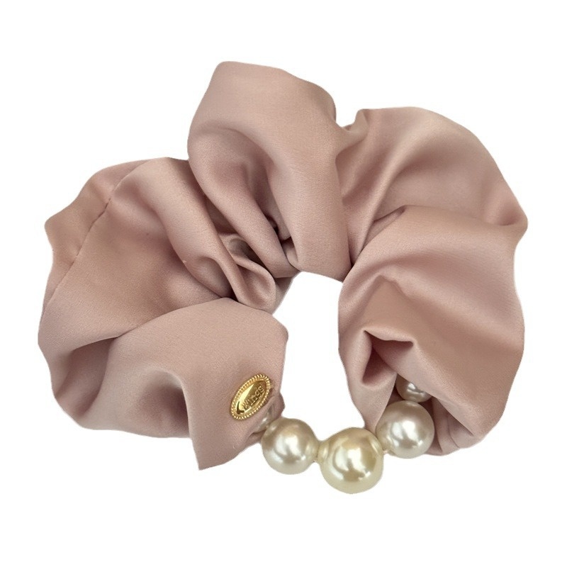 Women's Elegant Summer Satin Pearl Scrunchie Hair Tie Solid Pink
