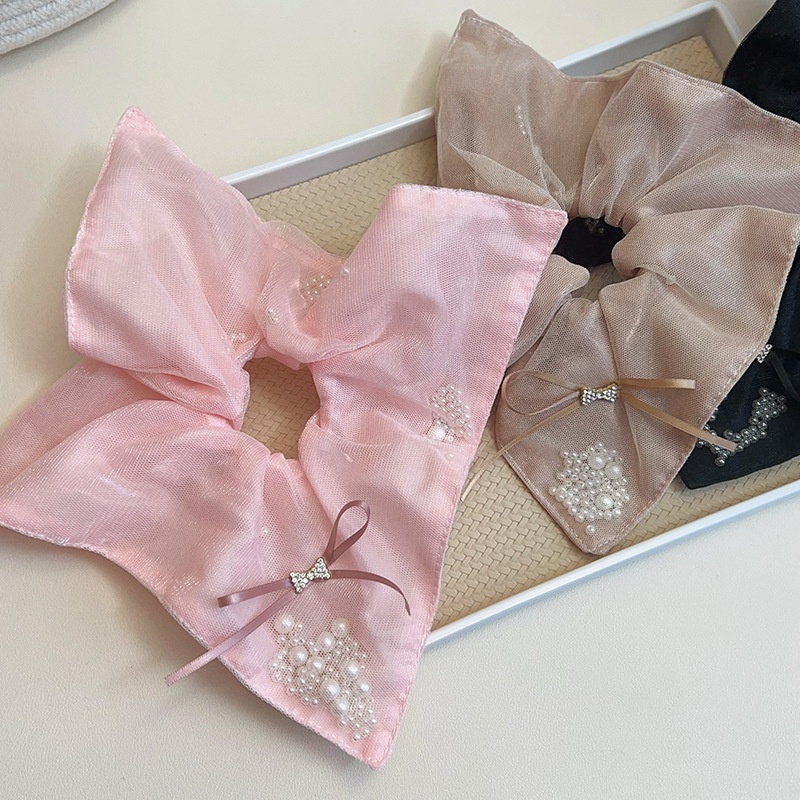 Women's Pearl Gauze Bowknot Hair Tie Low Ponytail Scrunchie Khaki Pink