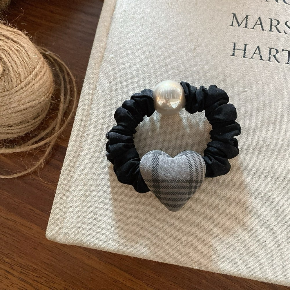 Women's Autumn Winter High Elastic Pearl Fabric Hair Ties Plaid Heart