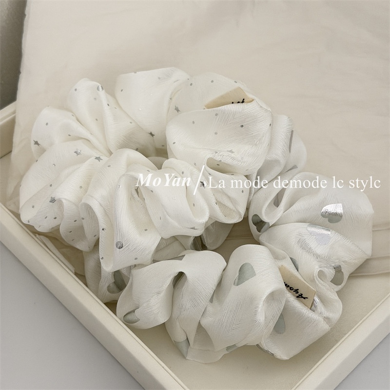 Women's Soft Cloth Heart Shaped Hair Tie For Daily Wear Silver Polka Dot