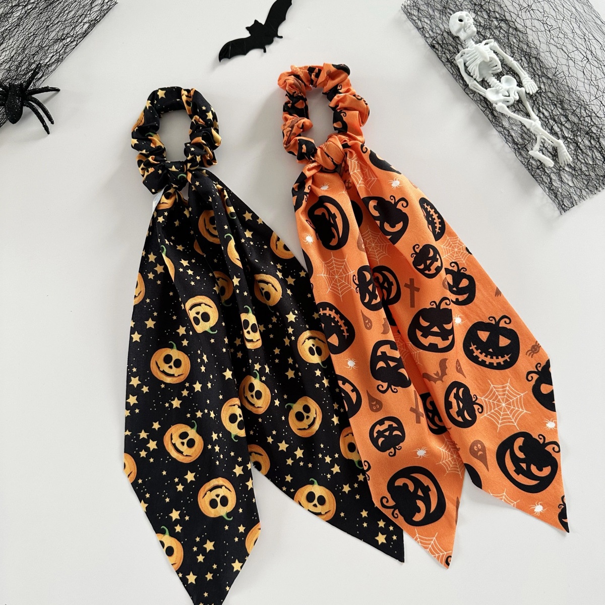 Women's Satin Ponytail Ribbon Hair Tie Dark Halloween Pumpkin Print