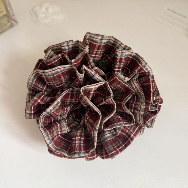 Women's Autumn Preppy Cloth Hair Tie Rubber Band Black Wine Red Plaid