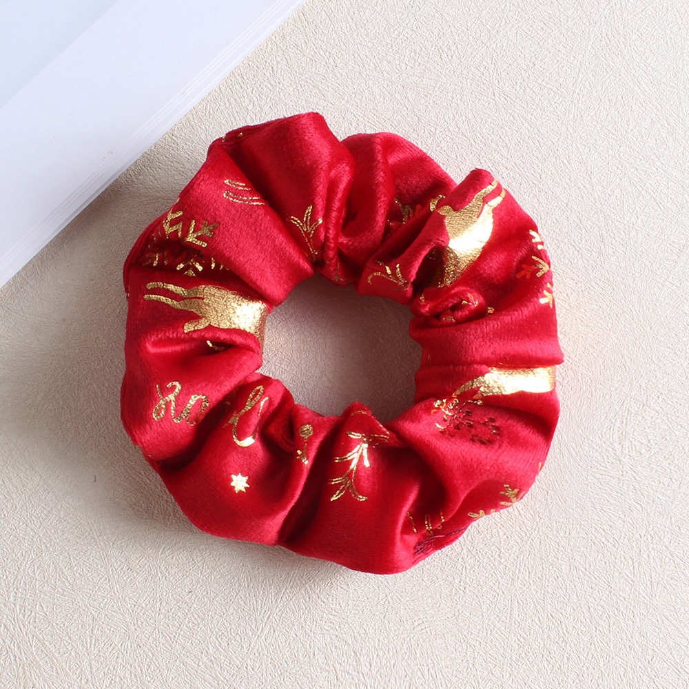 Women's Festive Christmas Bun Hair Tie Red Velvet Gold Embossed