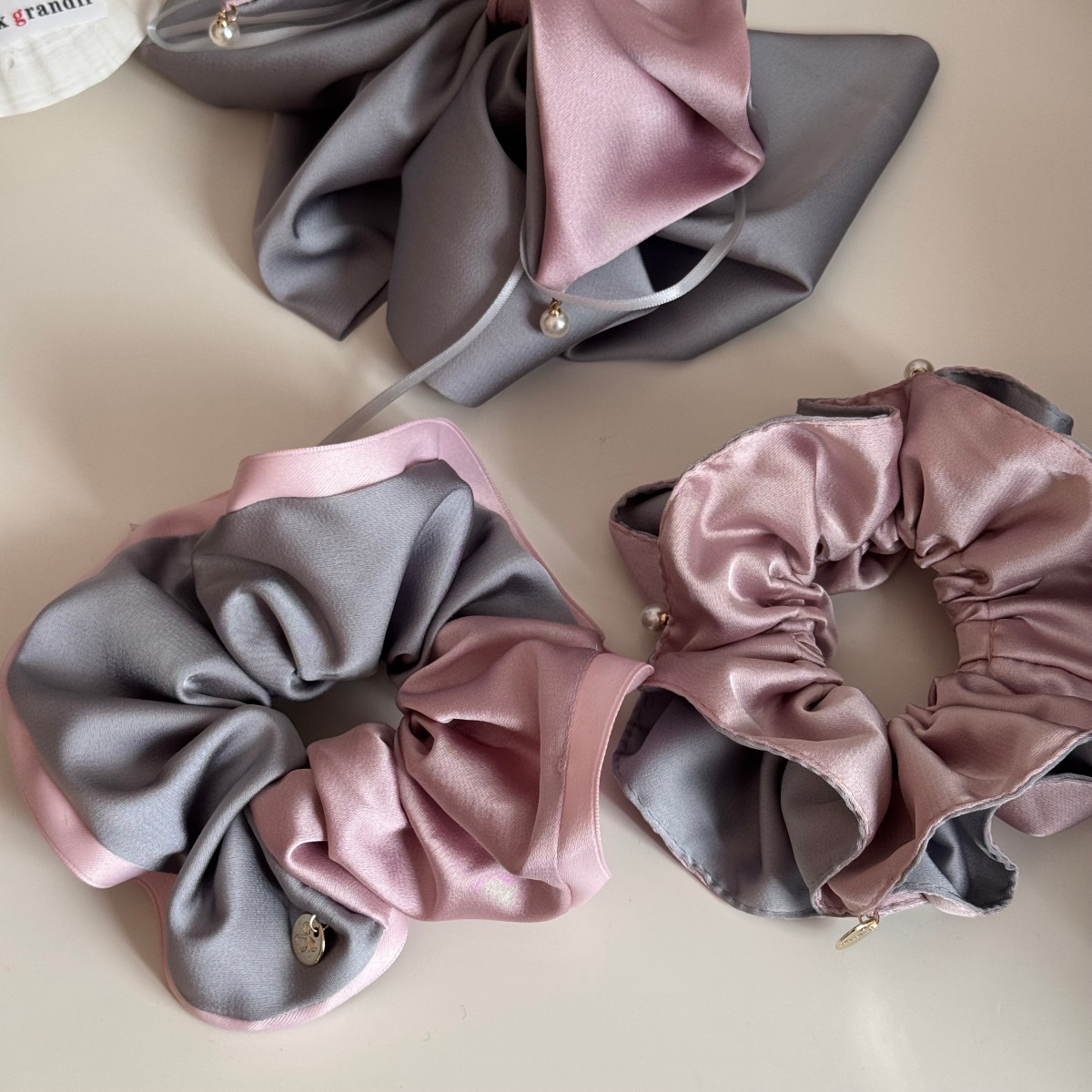 Women's Winter Satin Scrunchie Hair Tie Grey & Pink Color Block