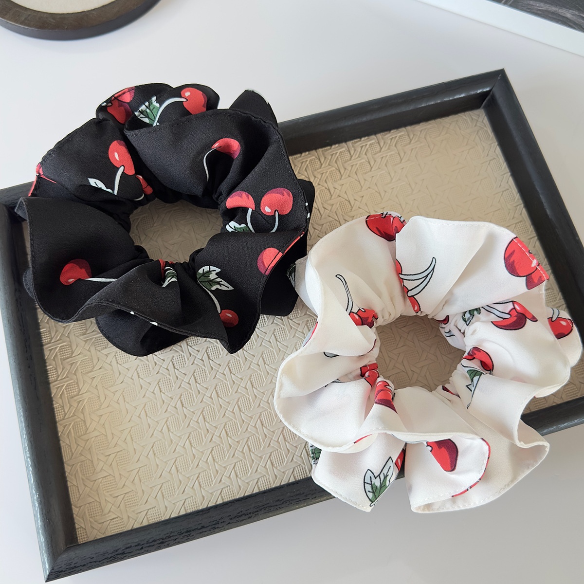 Girls Double Layer Cloth Hair Bands Cherry Print Plaid Bun Styling Rope