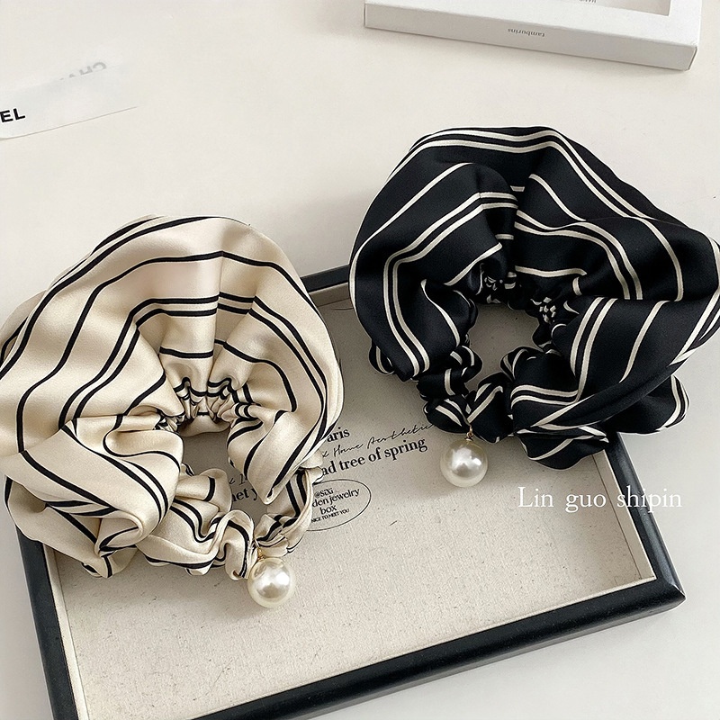 Women's All-Season Soft Satin Pearl Hair Tie Striped Beige Black