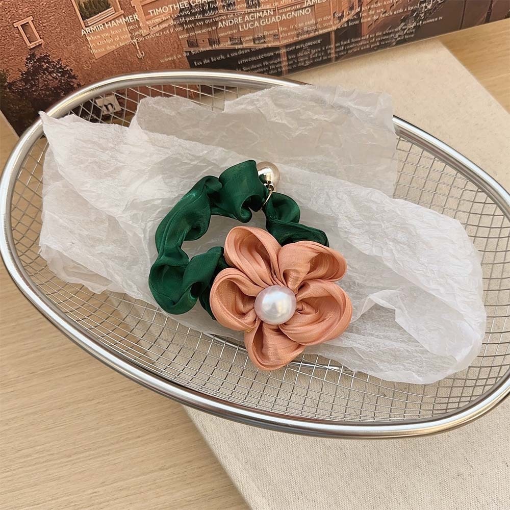 Women's Retro Satin Pearl Elastic Ponytail Holder Summer Floral Hairband