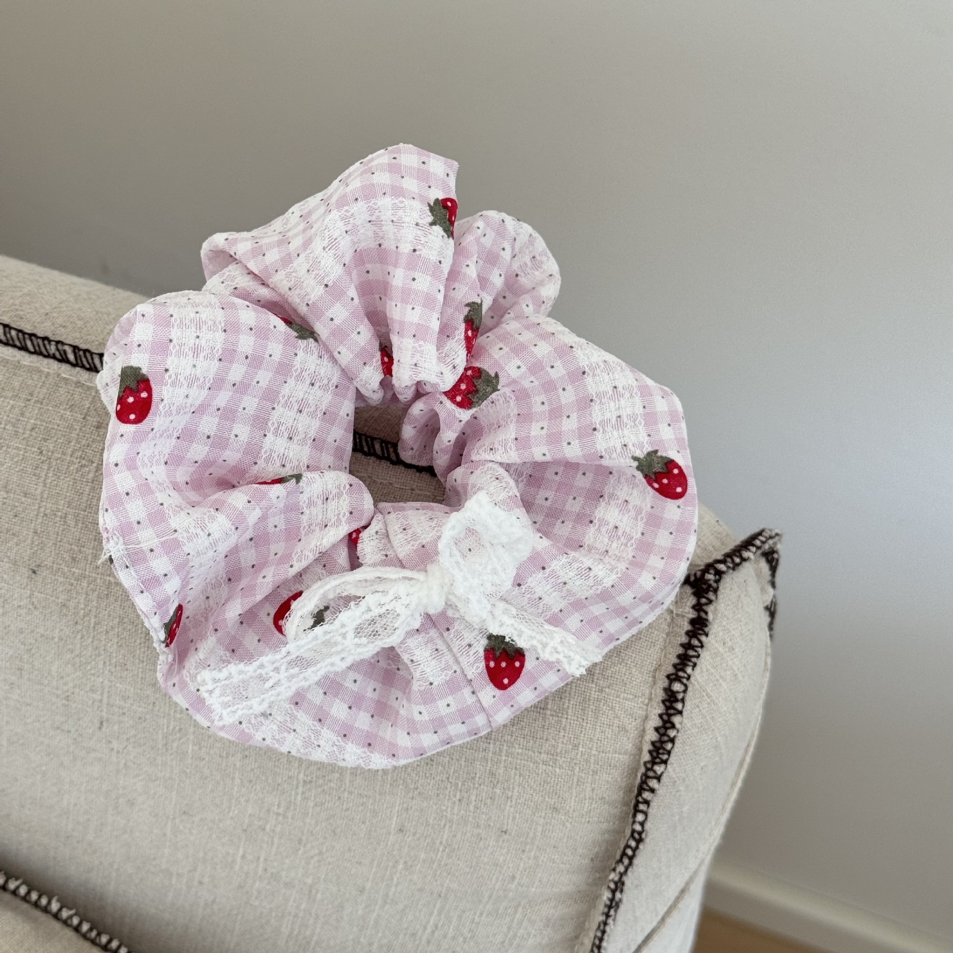 Women's Sweet Strawberry Plaid Lace Bow Scarf Hair Tie Cloth Ponytail Band