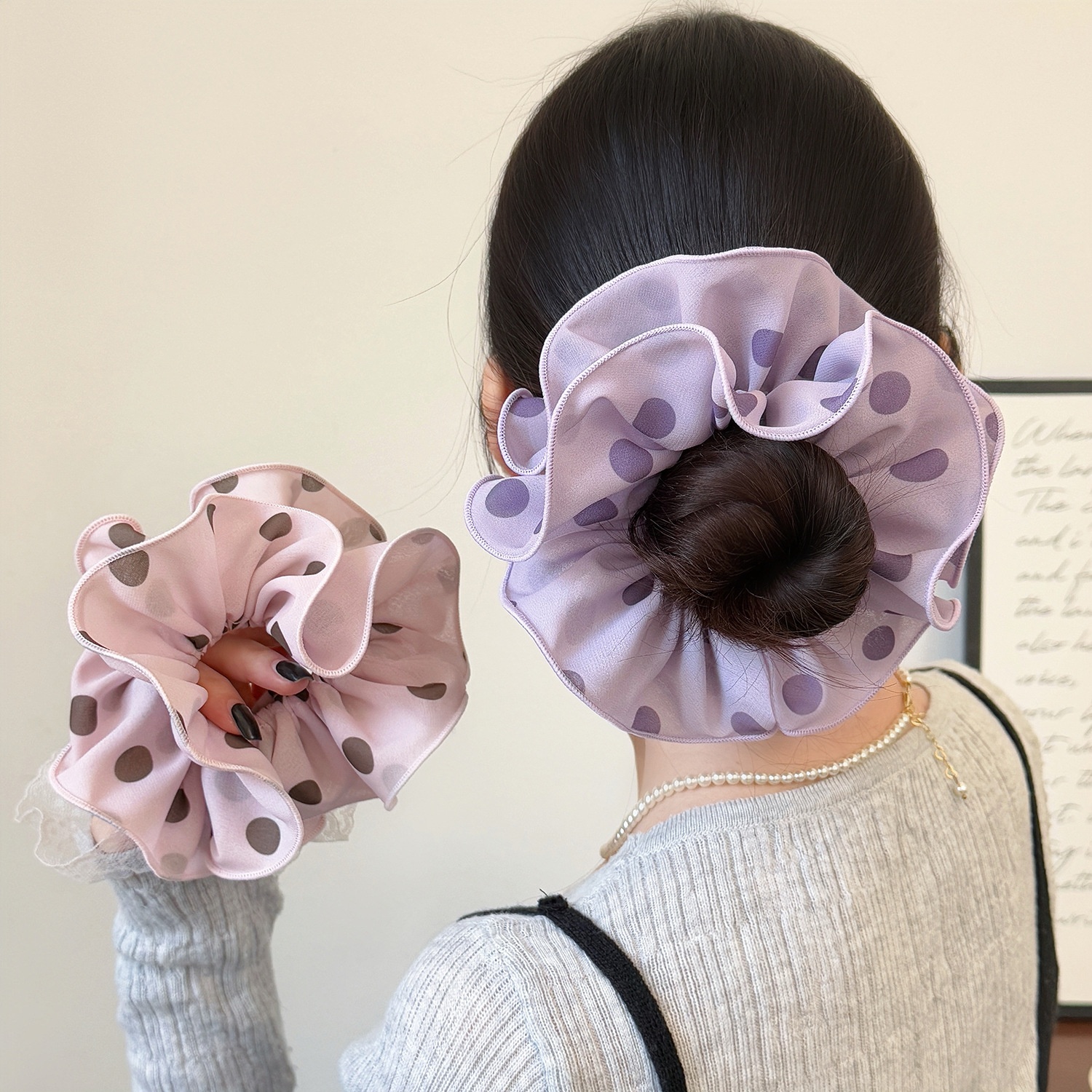 Women's Spring Everyday Cloth Hair Scrunchie Pink Purple Polka Dots