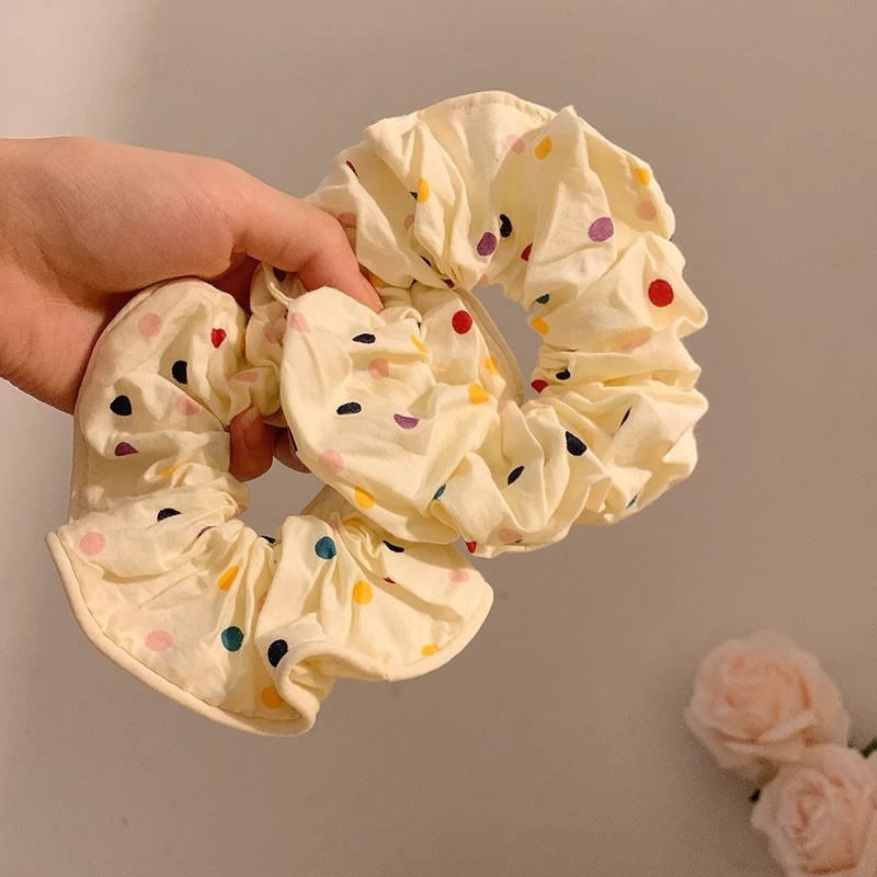 Women's Large Mori Style Scrunchie Beige Polka Dot Cloth Hair Tie