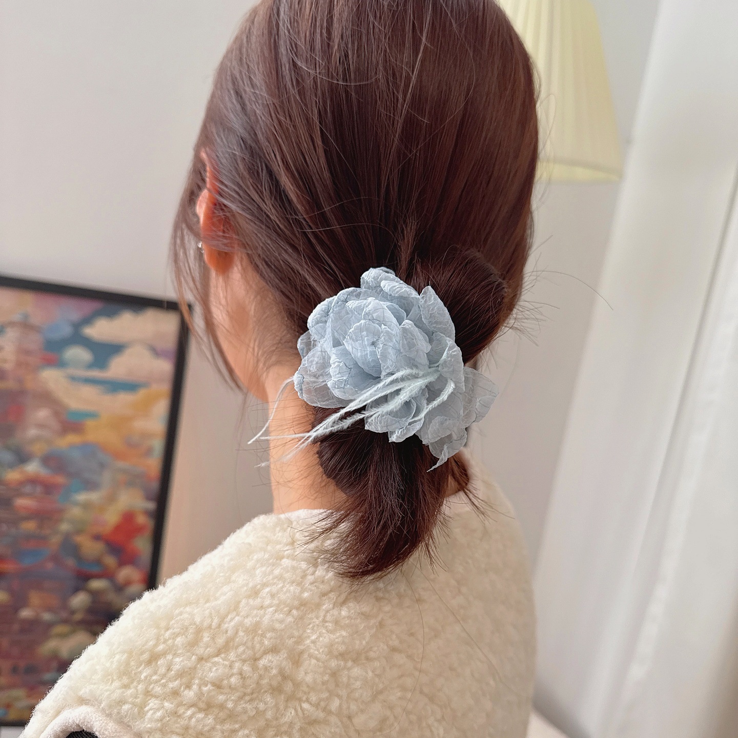 Women's Spring Fairy Tulle Telephone Cord Hair Tie Airy Blue Flowers