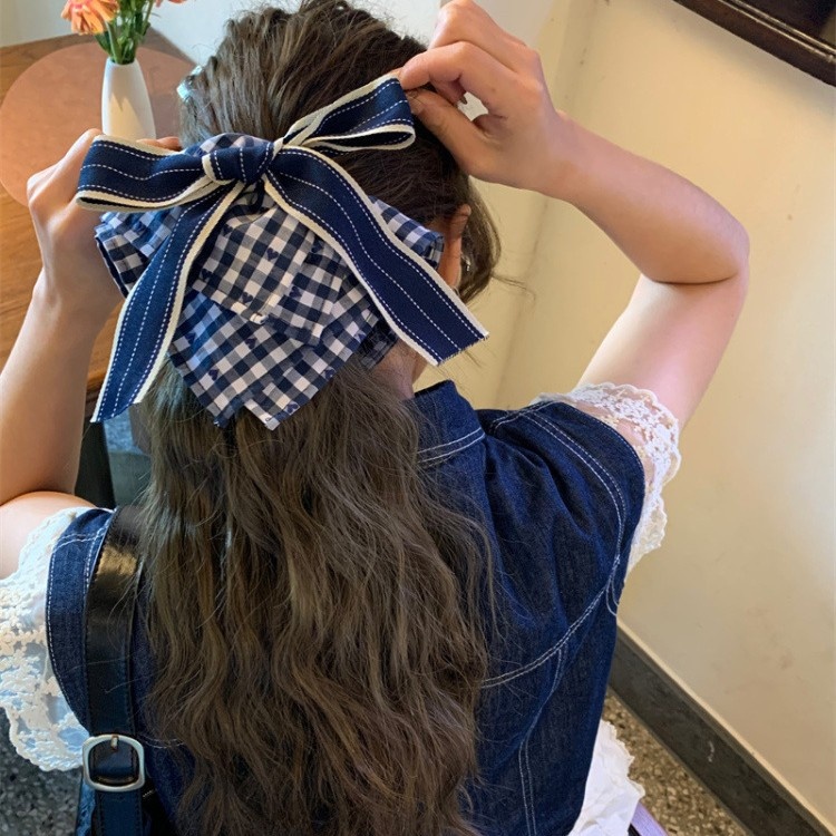 Women's Casual Cloth Bow Hair Scrunchie Dark Blue Checkered Plaid