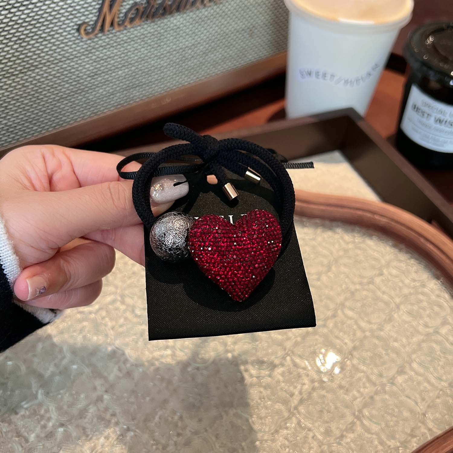 Women's Shiny Rhinestone Hair Tie Elegant Ponytail Holder Wine Red Heart