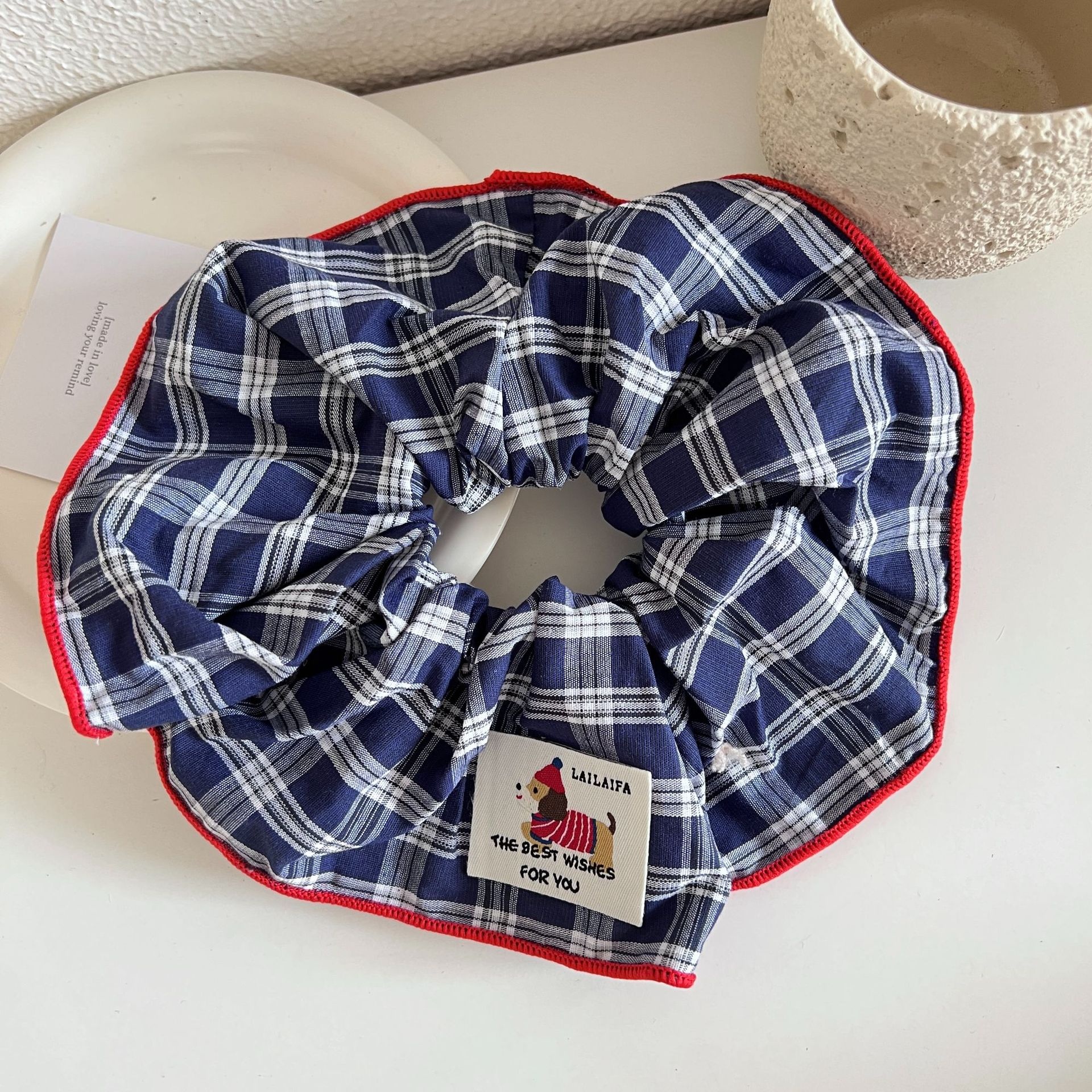 Women's Elegant Cloth Scarf Hair Tie Daily Scrunchie Retro Plaid Cherry
