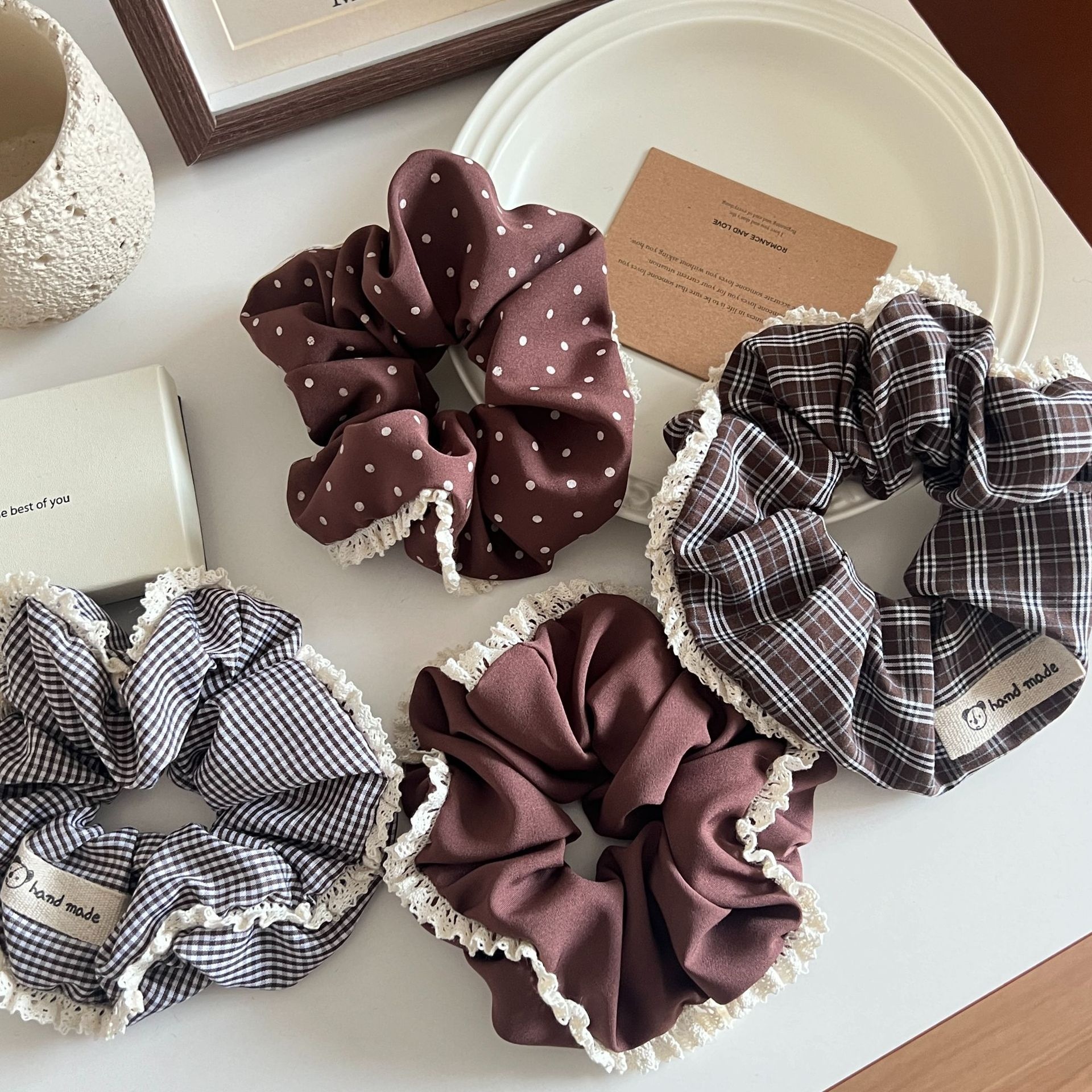 Women's Vintage Forest Lace Bun Scrunchie Hair Tie Coffee Plaid Cloth