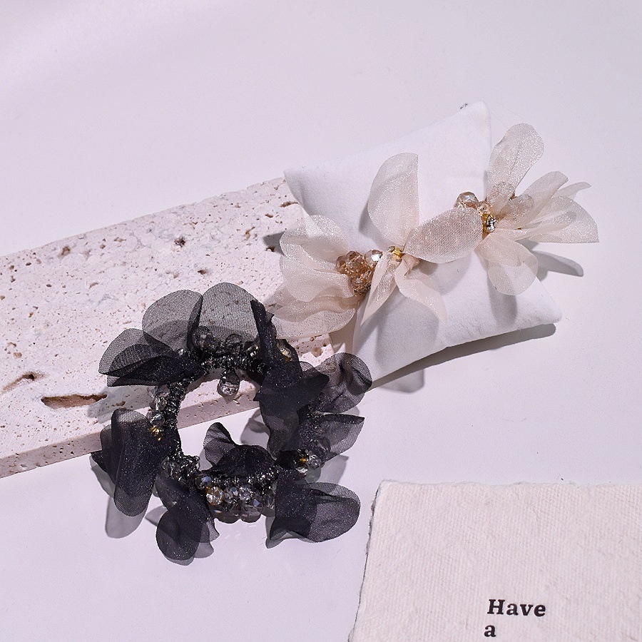 Women's Fairy Crystal Petal Hair Ring Organza Ponytail Tie Black Champagne