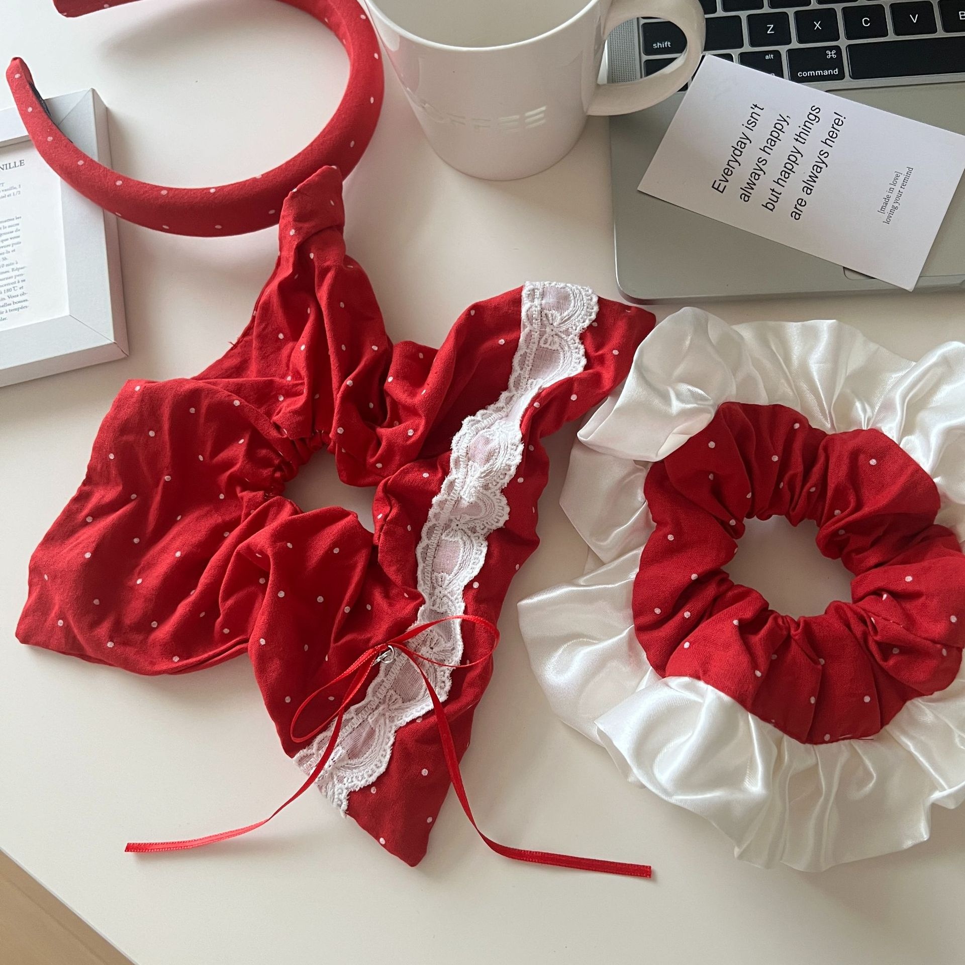 Women's Retro Red Polka Dot Scarf Hair Tie Elegant Cloth Daily Accessories