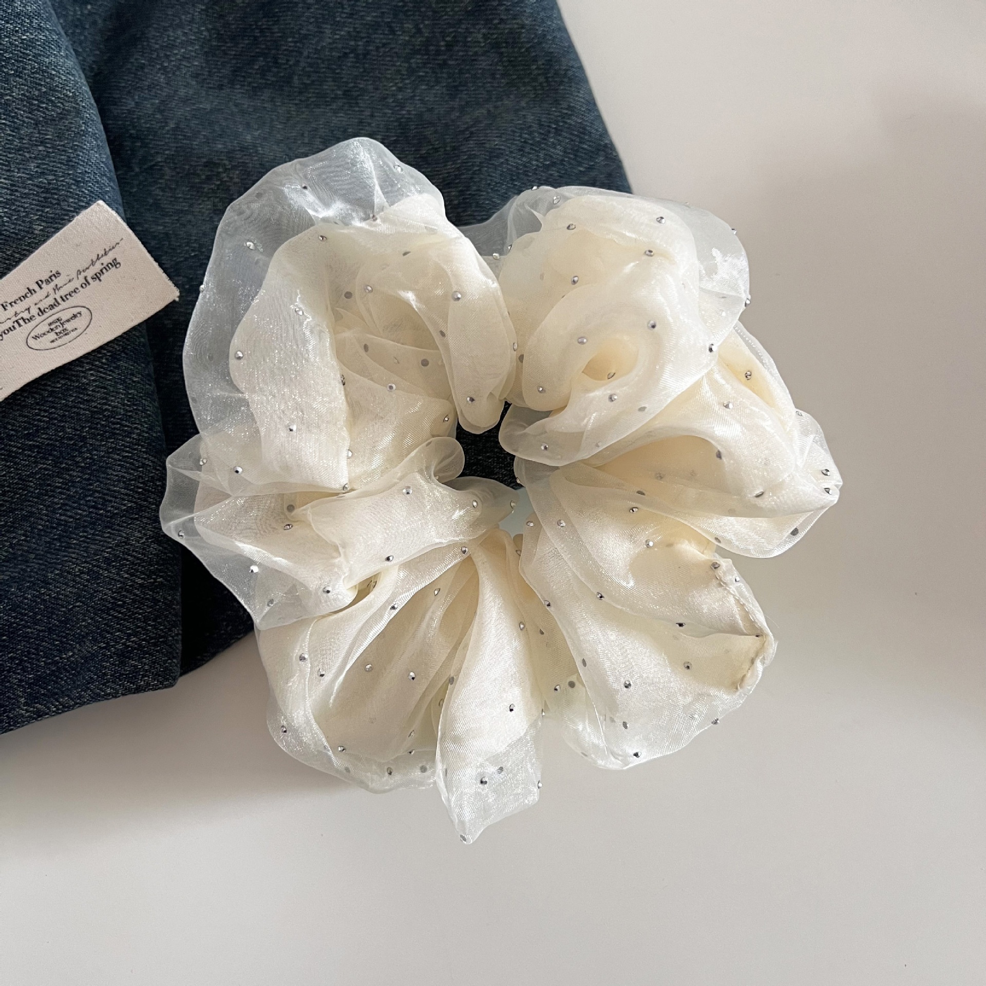 Women's Casual Rhinestone Mesh Double Layer Hairband Solid Beige Black