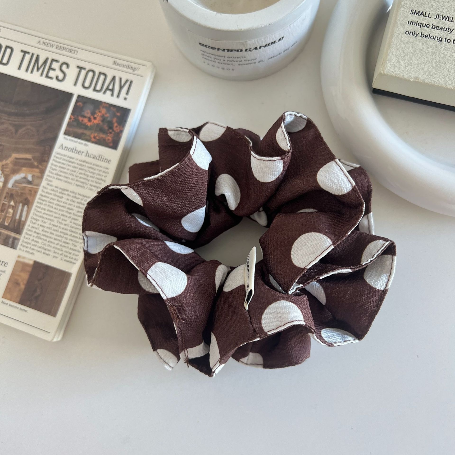 Women's Elegant Cloth Ruffle Hair Tie Scrunchies Sweet Polka Dots