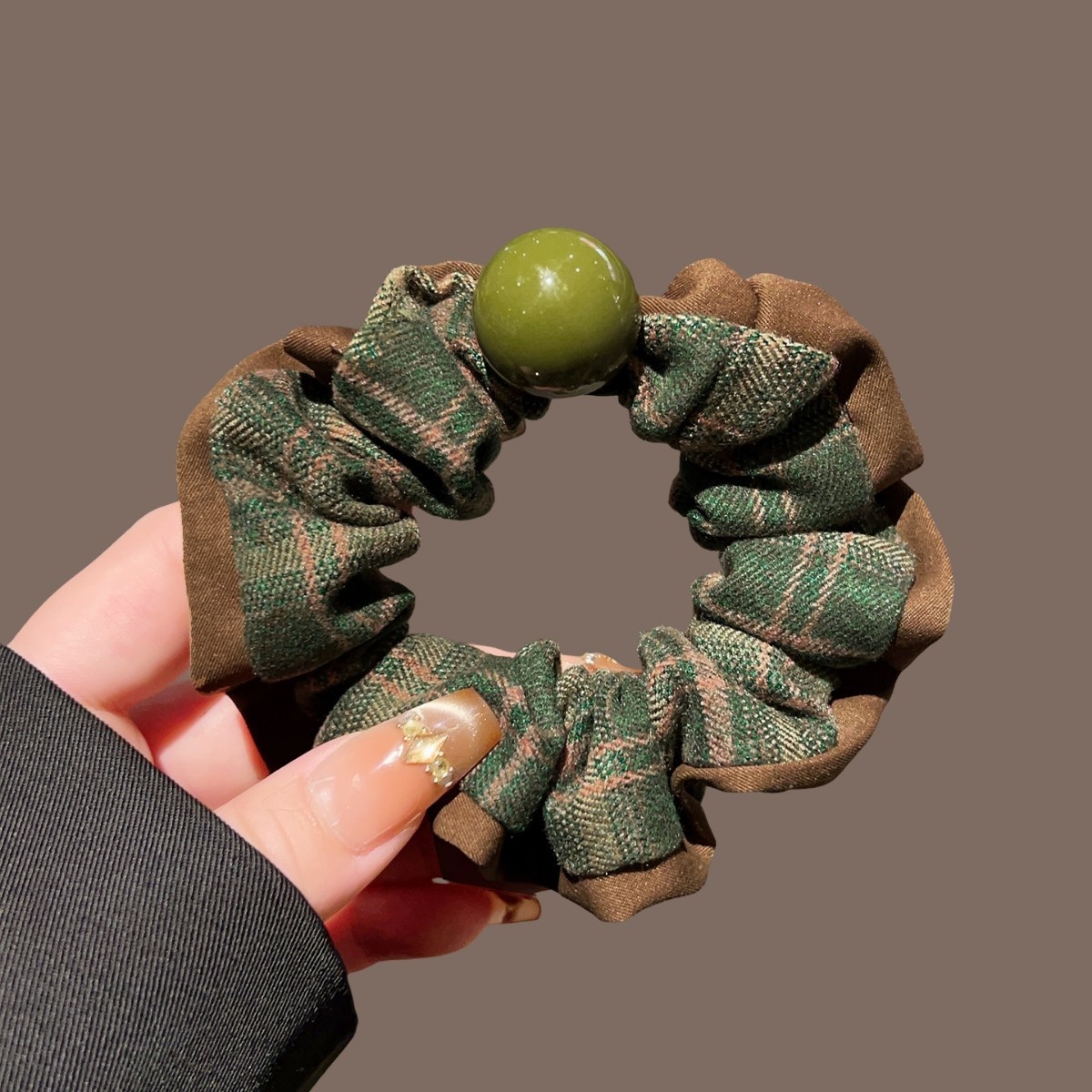 Women's Cloth High Ponytail Hair Tie Headband Vintage Green Plaid