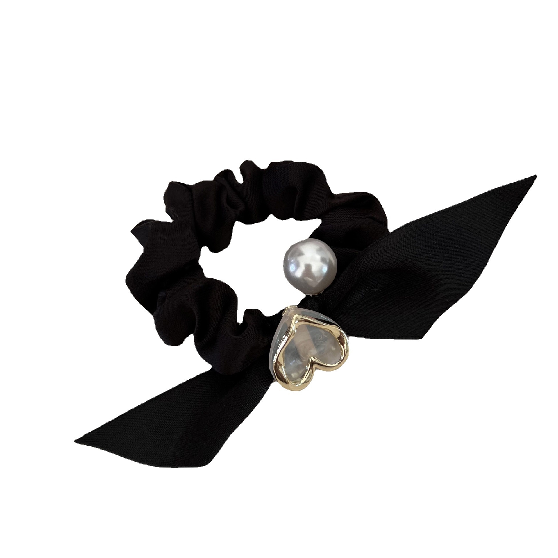 Women's High Elastic Pearl Cloth Hair Tie Ponytail Holder Black Heart