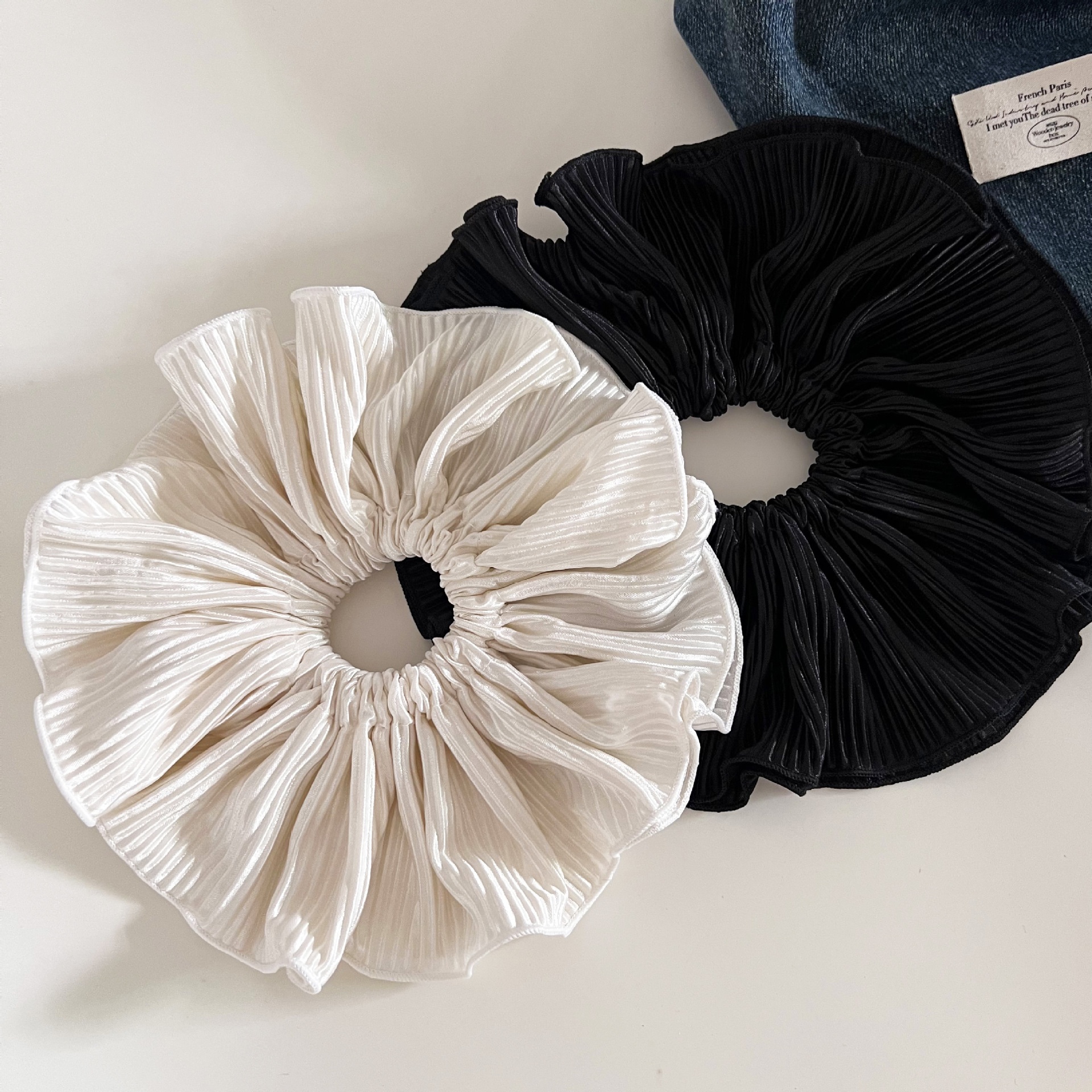 Women's French Shiny Pleated Cloth Ponytail Hair Tie Solid White Black