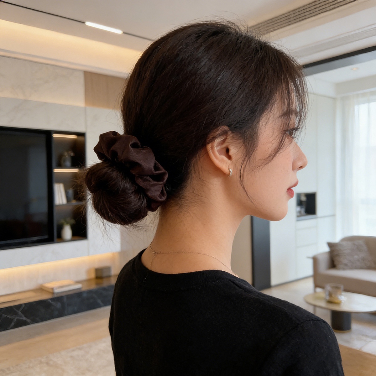 Women's Smooth Satin Scrunchie Hair Tie For Daily Wear Solid Black