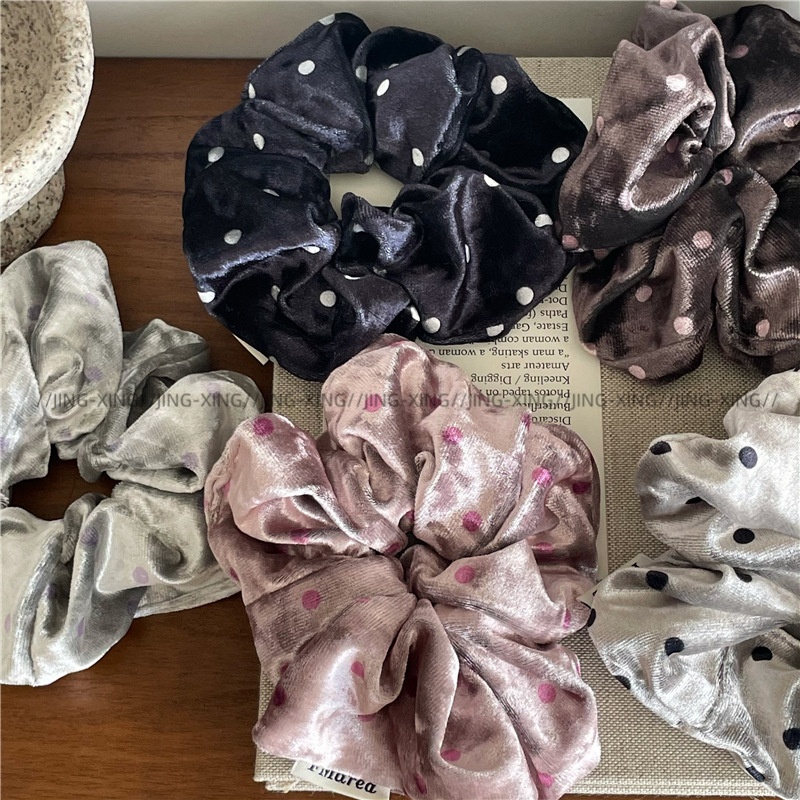 Girls Fashionable Velvet Satin Pleated Hair Scrunchies Polka Dots
